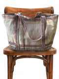 vintage linen red-navy stripes bag