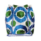 ikat velvet handmade blue and green bucket bag