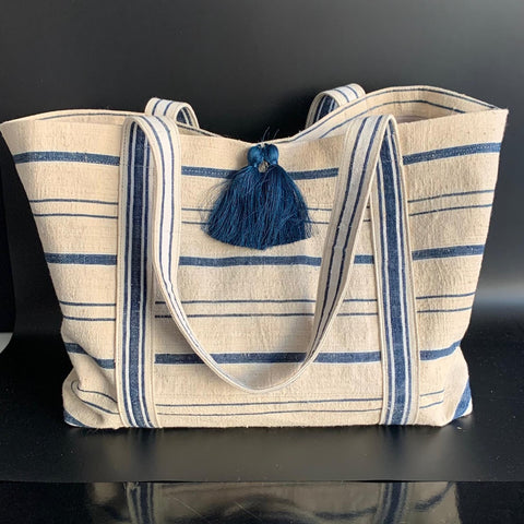 vintage linen bold navy stripes bag