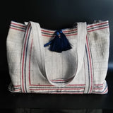 vintage linen red-navy stripes bag
