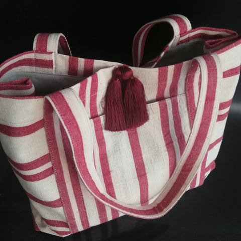 vintage linen bold burgundy stripes bag