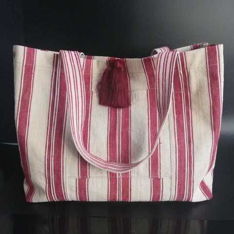 vintage linen bag red stripes