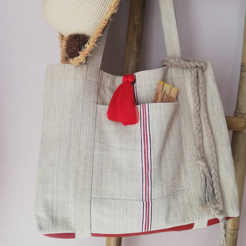 vintage linen bag with leather