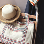 vintage linen bag navy and red stripes