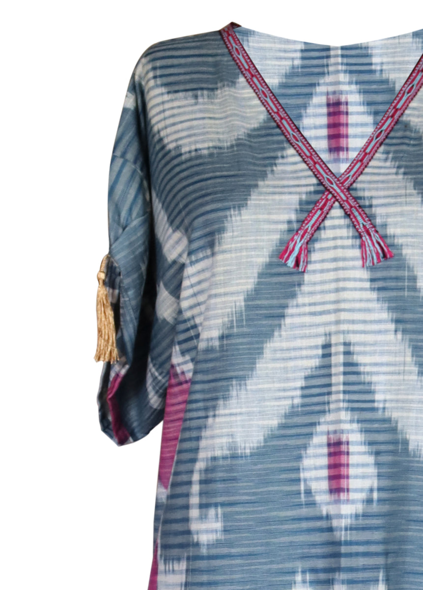 Cotton Ikat Caftan Dress Blue MIASETA