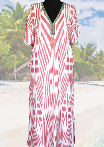 silk ikat caftan dress  (pink stripes)