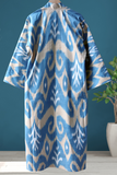 Cotton Ikat Kimono Style Blue Ecru Caftan 015