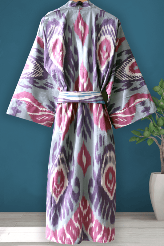 Cotton Ikat Kimono Style Pink Purple Caftan 018