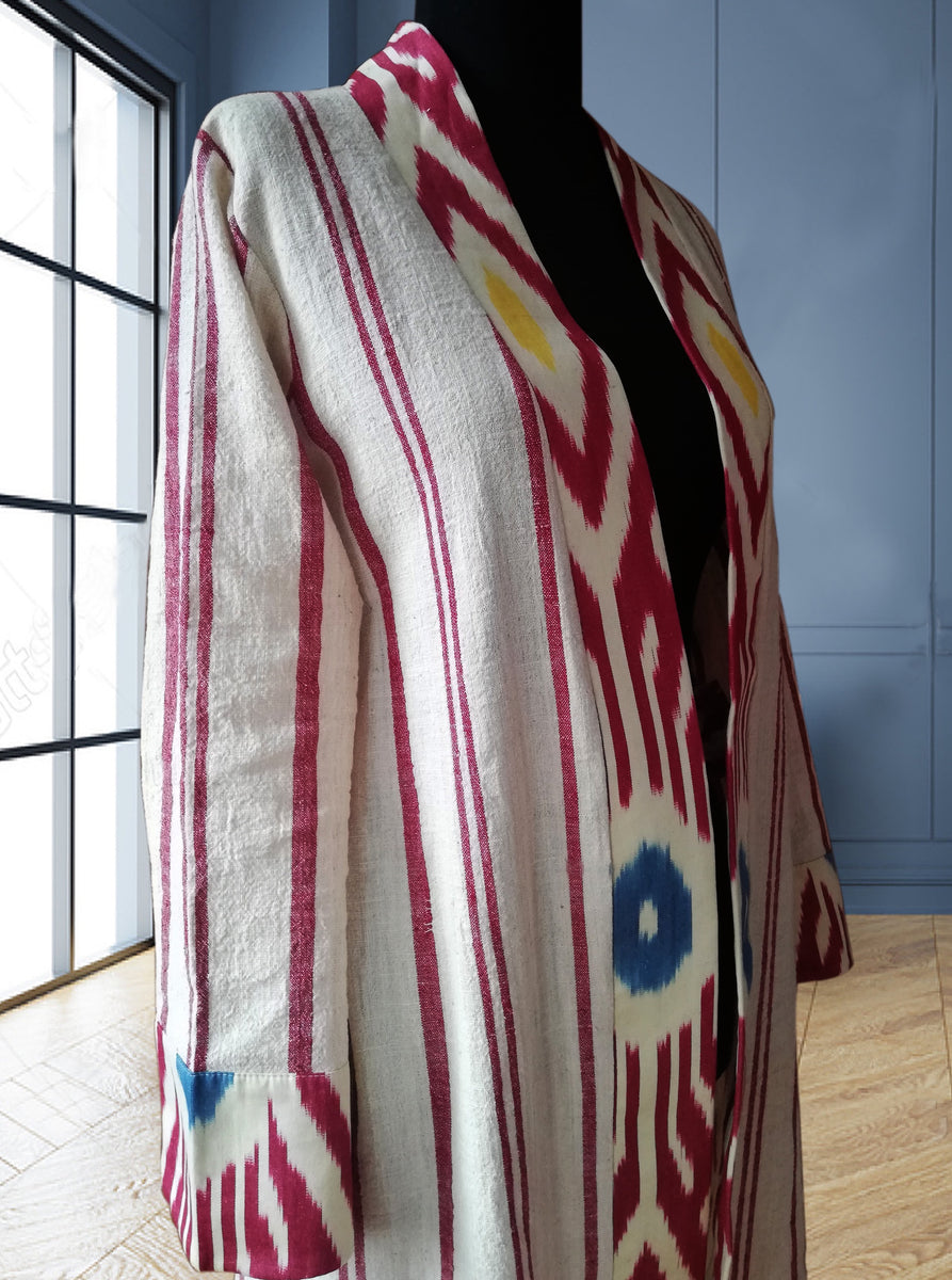 Silk Ikat Caftan – Hand-Woven Artisan Kaftan in Red & Cream main image 0