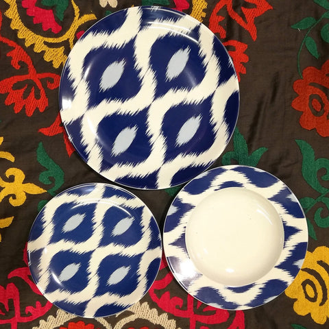 ikat patterned porcelain set blue drop