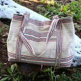 vintage linen bag navy and red stripes