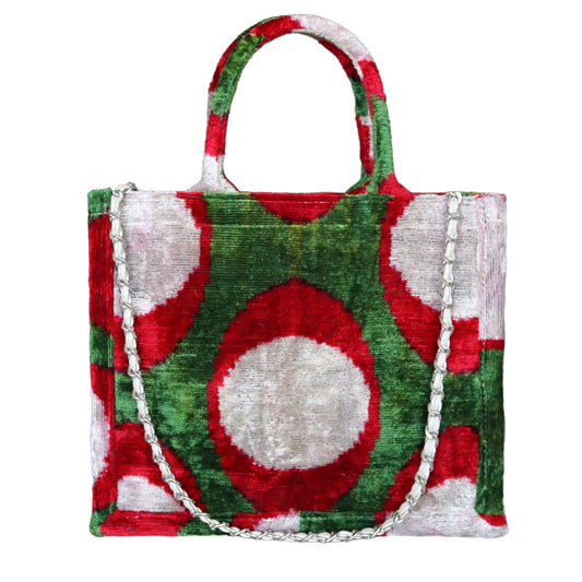 Silk Velvet Ikat Red and Green Mini Tote Bag