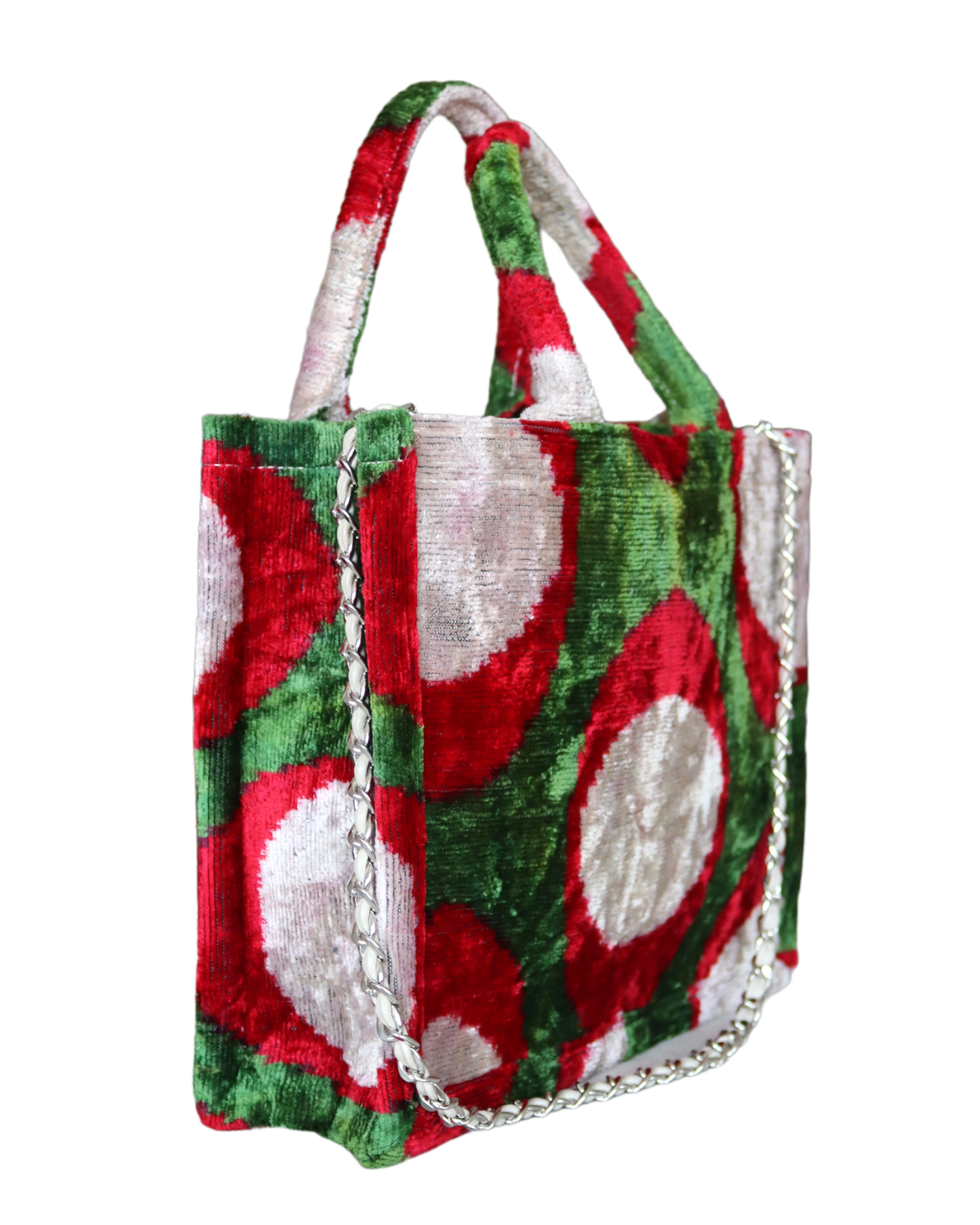 Silk Velvet Ikat Red and Green Mini Tote Bag