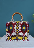 Silk Velvet Ikat Bamboo Style Handles Medium Tote Bag 063