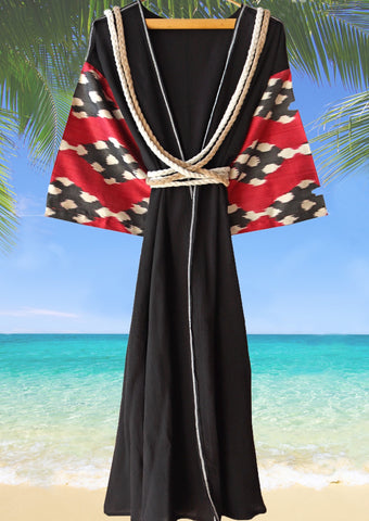 silk ikat winged robe black&burgundy