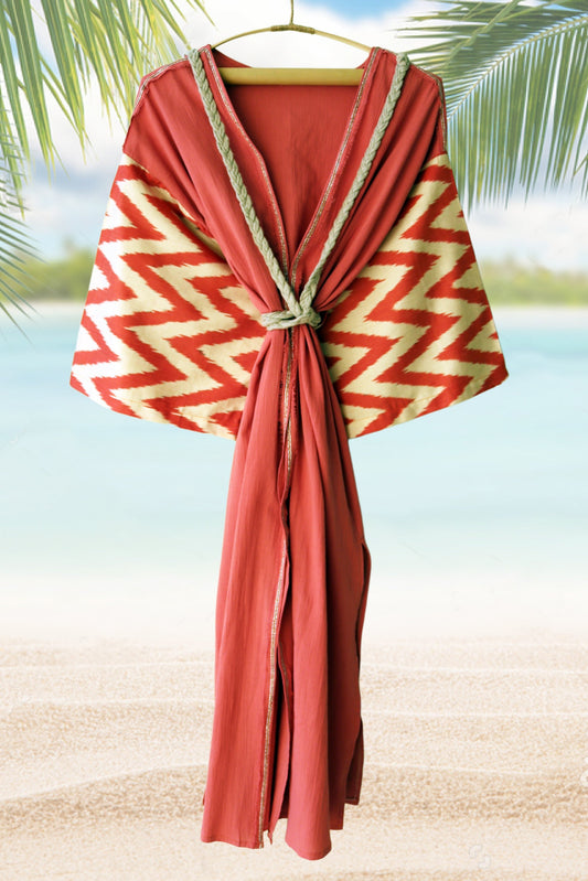 Silk Ikat Muslin Robe Coral