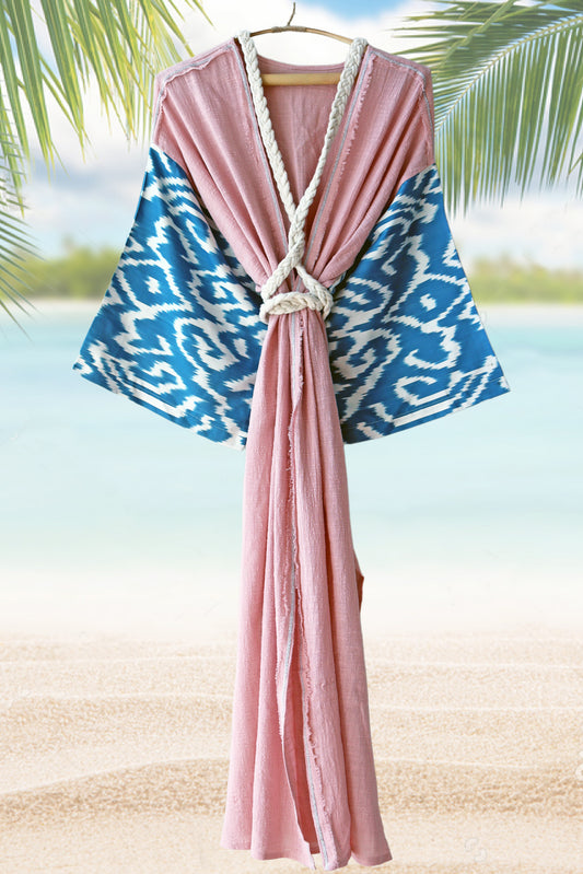 Bata de muselina de seda Ikat color turquesa y rosa