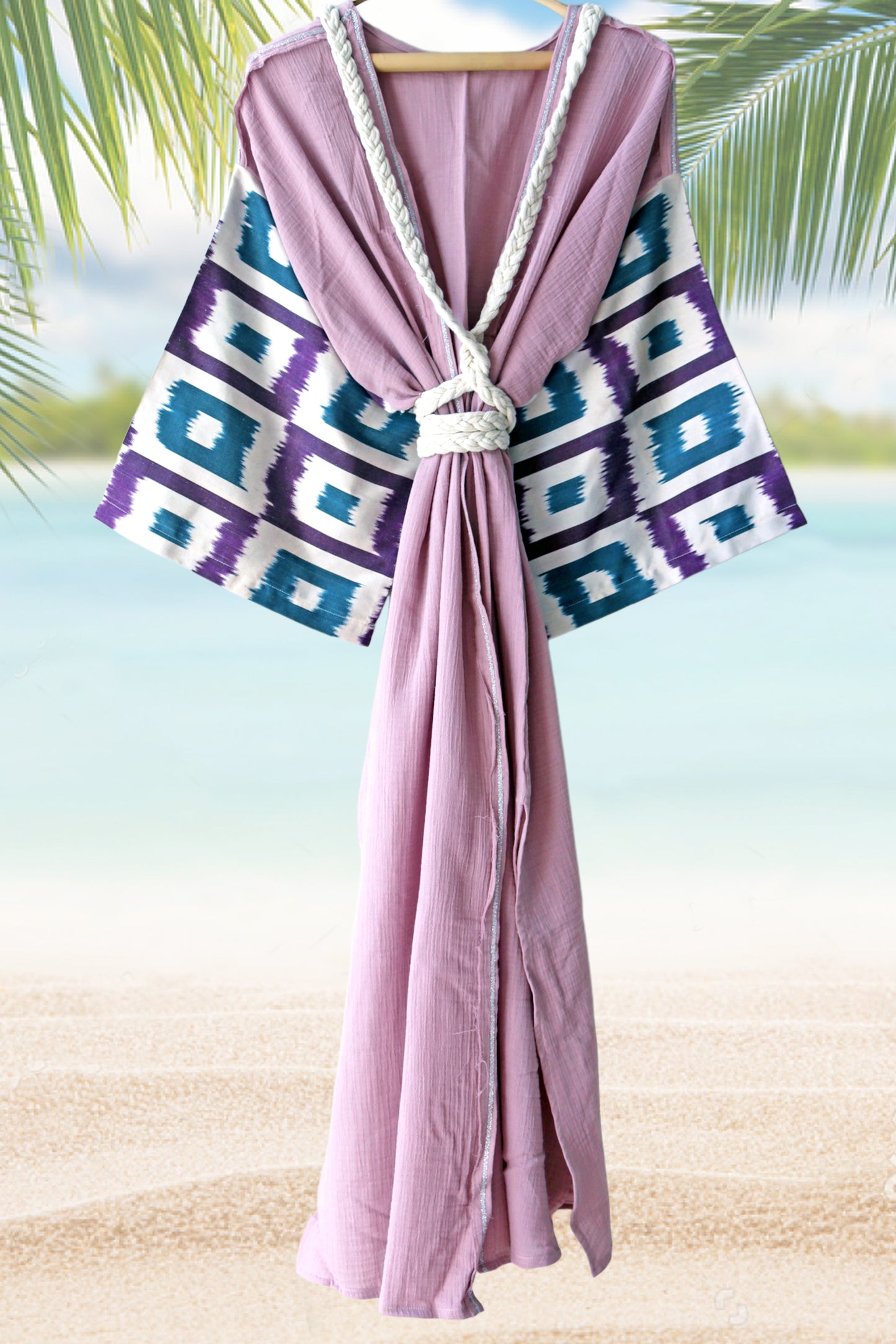 Silk Ikat Muslin Robe Turquoise Lilac