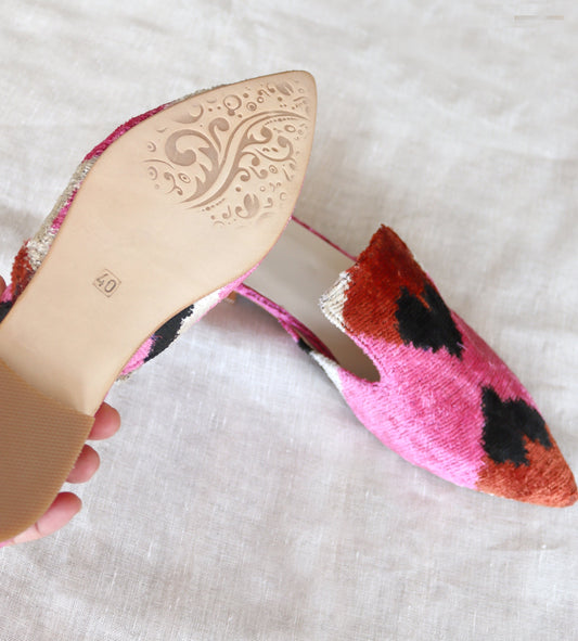 Silk velvet ikat handmade sharp pointed toes.
