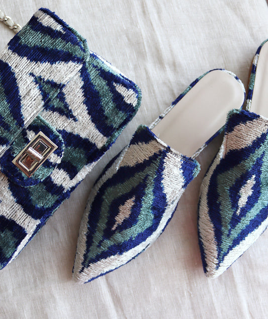 Silk velvet ikat handmade sharp pointed toes slippers