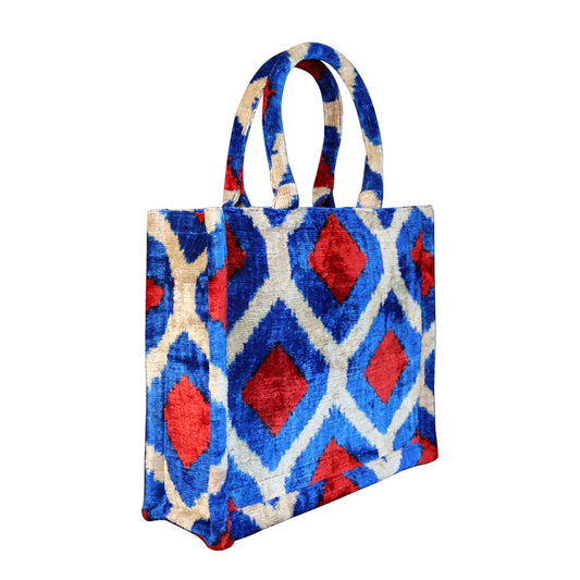 Silk velvet ikat blue and red handmade large Totebag.