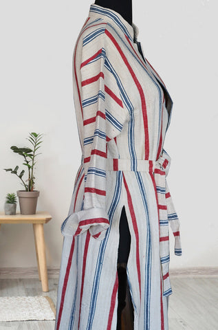 handwoven organic linen caftan blue and red stripes