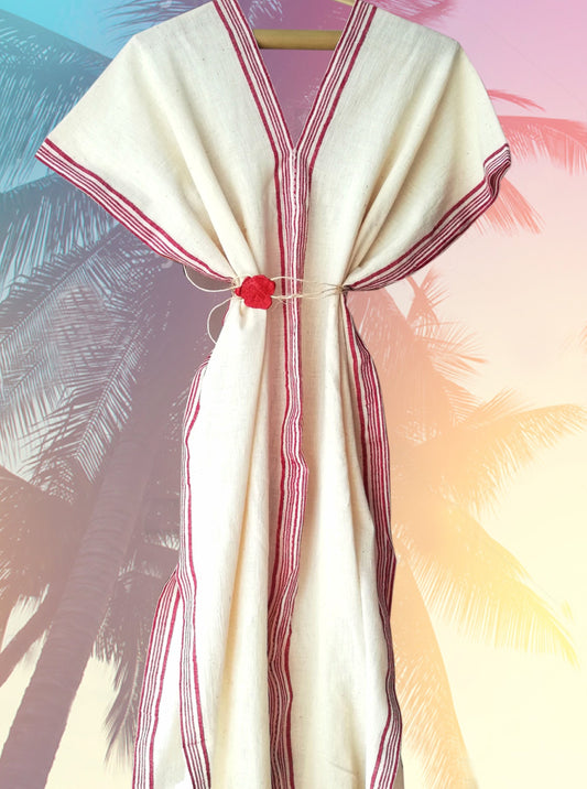handwoven caftan dress three burgundy stripes