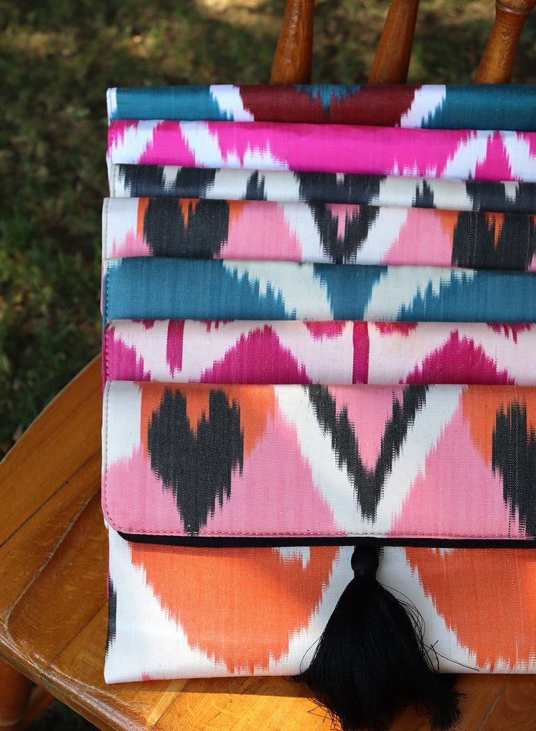silk clutch, Fashion silk bag, silk handbag, ikat bag, silk ikat bag, ikat handbag, pink bag with tassel, bag with chain, women bag, fashion bag, 