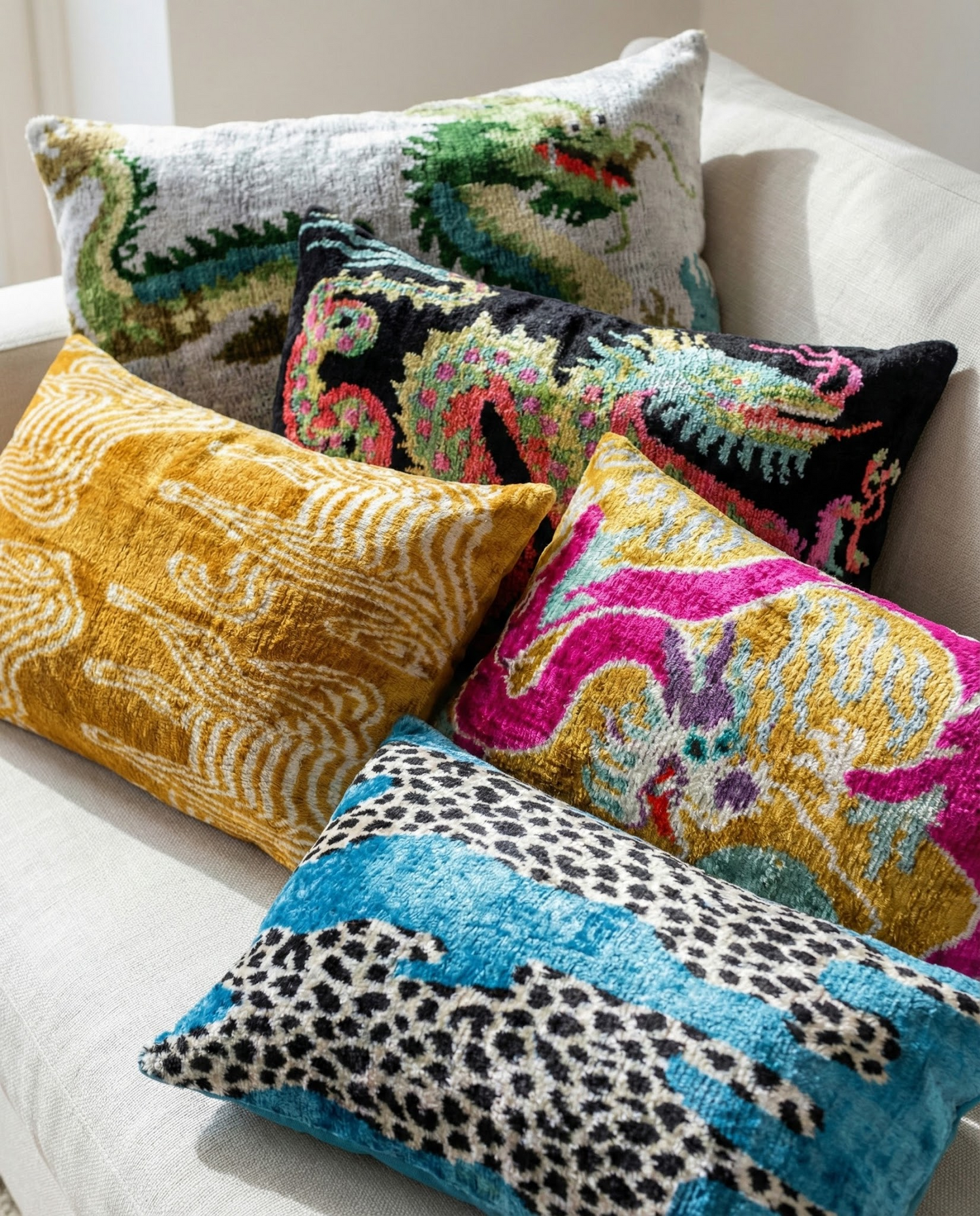 Our&nbsp;Silk Velvet Ikat Cushions&nbsp;are crafted with traditional techniques using handwoven ikat weaving, consisting of 75% cocoon silk and 25% organic cotton for durability and a unique design. 