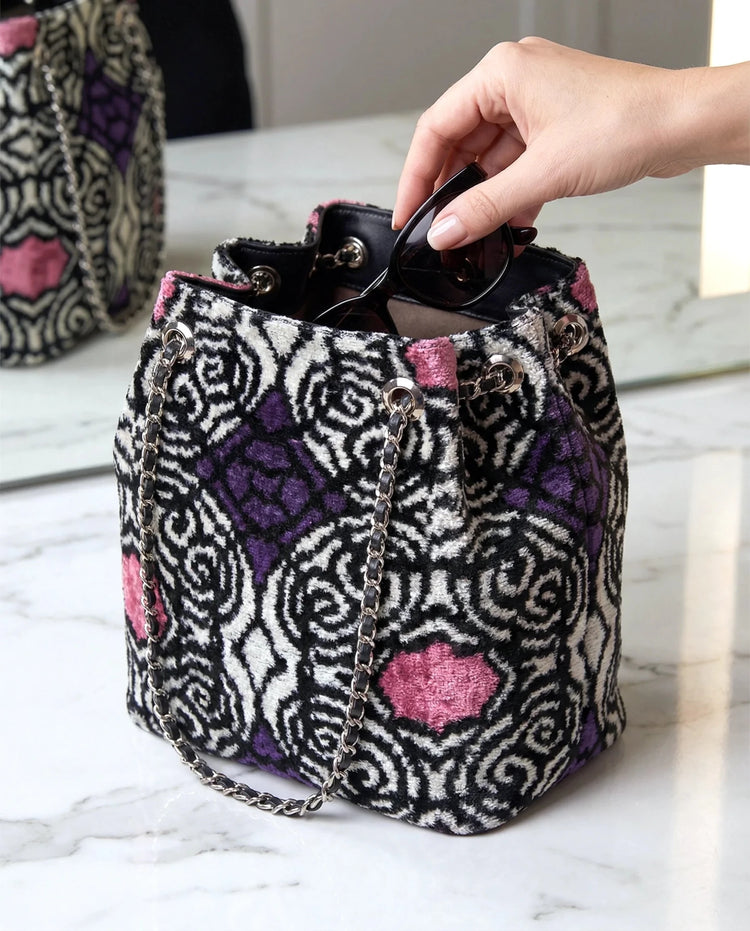 Miaseta s, Silk velvet bucket bag minimal and classy, it perfectly matches casual chic outfits. elegance silk velvet ikat bucket bag. Women fashion. Silk velvet bag. Ikat bag. Silk velvet ikat bag. Women accessories