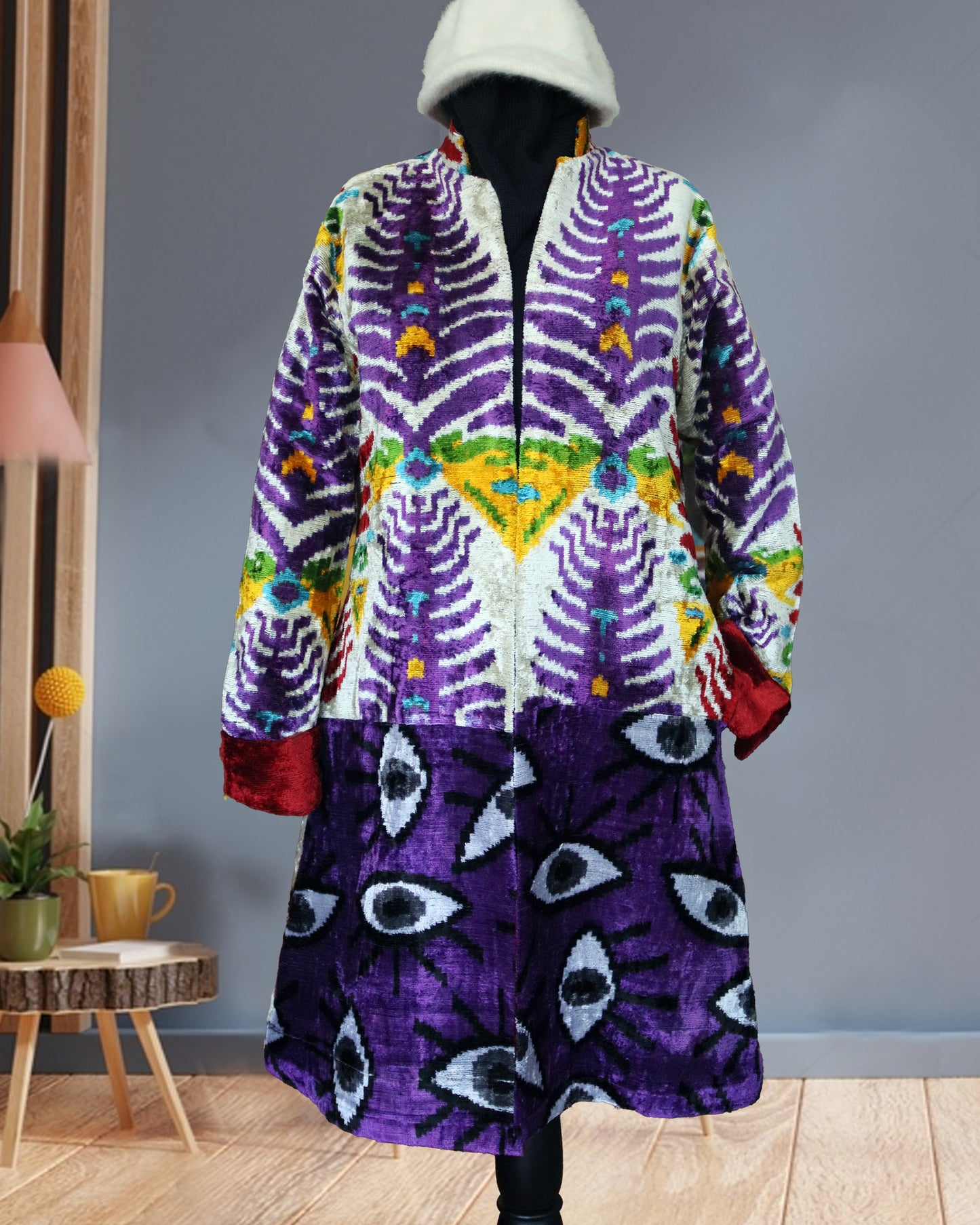 Discover our stunning silk velvet ikat coat, a perfect blend of traditional craftsmanship and contemporary style. This ikat coat features a unique patchwork design, making it a standout piece in your wardrobe. Ideal for both casual outings and elegant occasions, our ikat wear elevates your fashion game effortlessly. With its luxurious silk velvet fabric, this ikat caftan or ikat jacket ensures comfort while showcasing your individual style. Embrace the allure of unique fashion with our ikat patchwork jacket