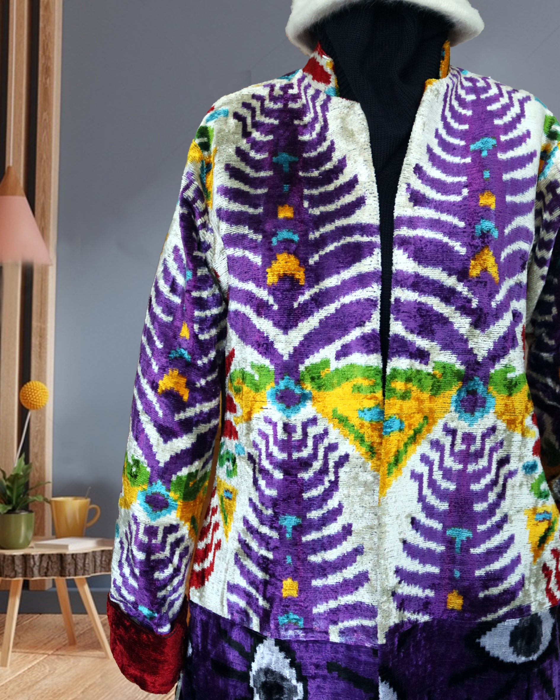 Silk velvet ikat coat, ikat coat, ikat wear, ikat caftan, ikat jacket, ikat patchwork jacket, and luxury wear define our stunning collection piece that merges traditional craftsmanship with contemporary style. This ikat coat features a unique patchwork design, making it a standout addition to your wardrobe. Ideal for both casual outings and elegant occasions, our ikat wear effortlessly elevates your fashion game. With its luxurious silk velvet fabric, this ikat caftan or ikat jacket ensures comfort while sh