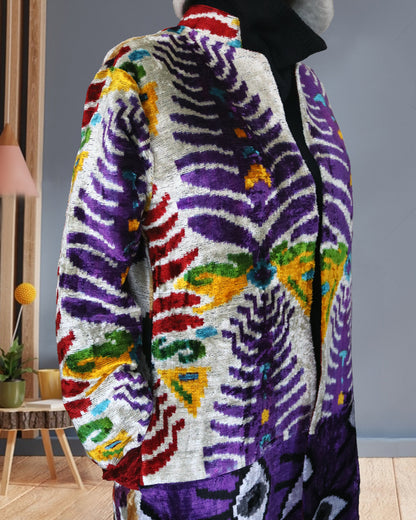 Abrigo de patchwork ikat de terciopelo de seda