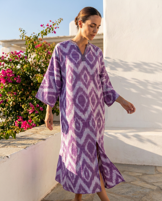 Cotton Ikat Caftan Dress Lilac