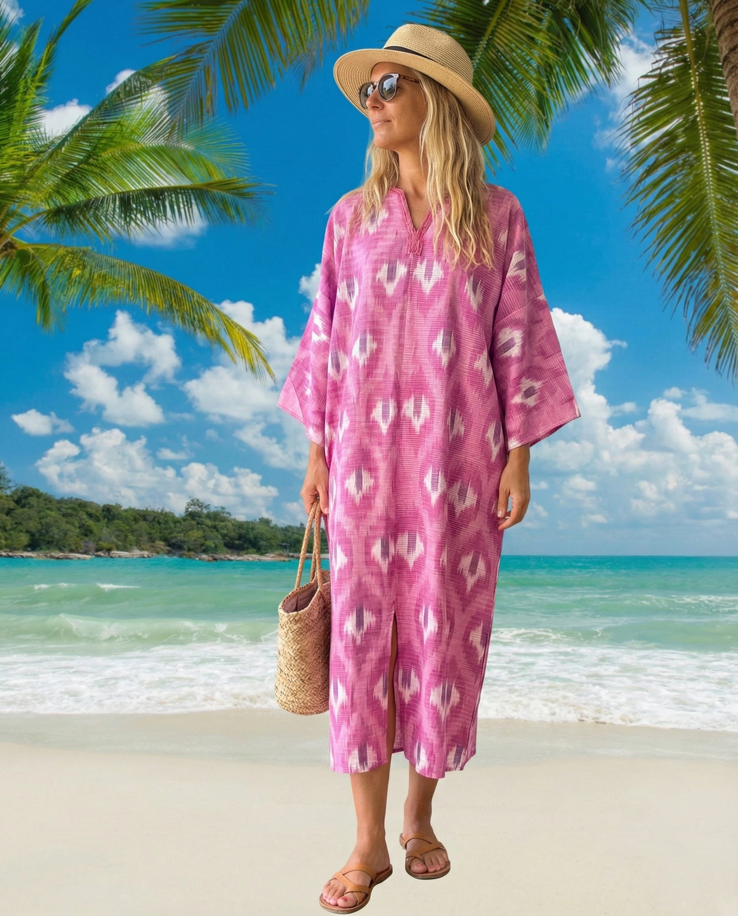 Light cotton pink and white ikat caftan dress with handwoven collar detail, breathable handmade summer style.