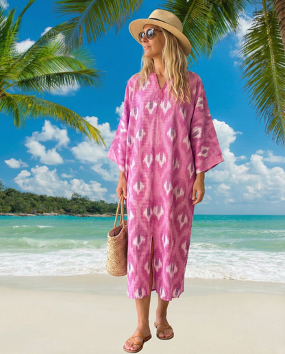 Light cotton pink and white ikat caftan dress with handwoven collar detail, breathable handmade summer style.
