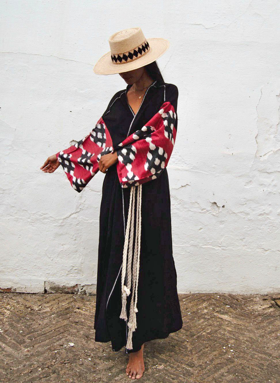 Silk Ikat Muslin Robe Black&Burgundy