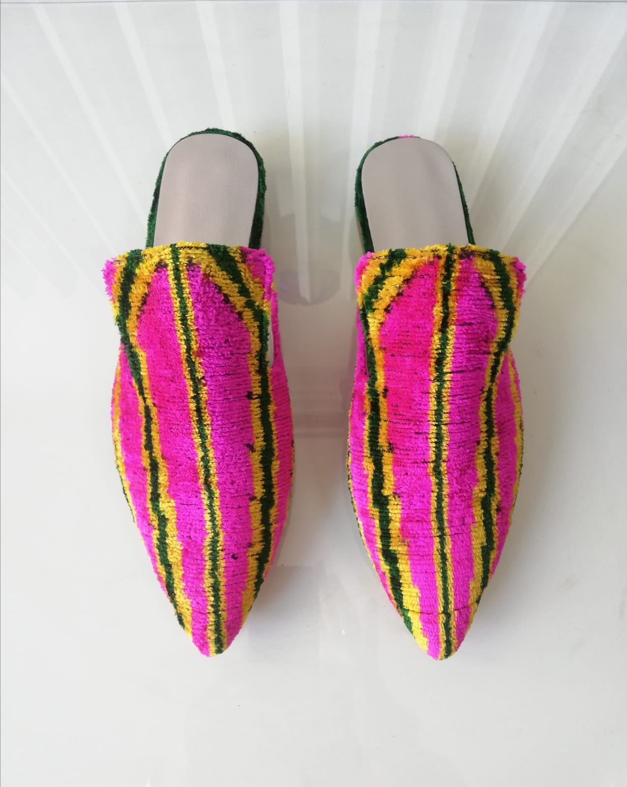 Silk Velvet Ikat Slippers Pink Green