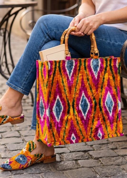 Person sitting on a bench holding a colorful patterned bag, wearing patterned shoes.
