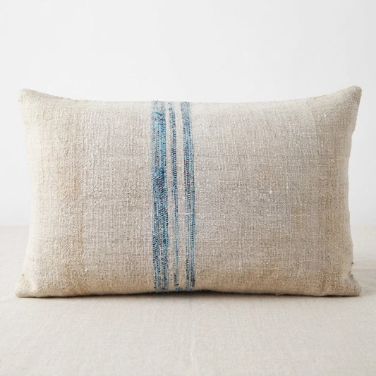 Antique grain sack lumbar pillow with aqua heritage stripe, handmade vintage linen cushion cover, 40x60 cm