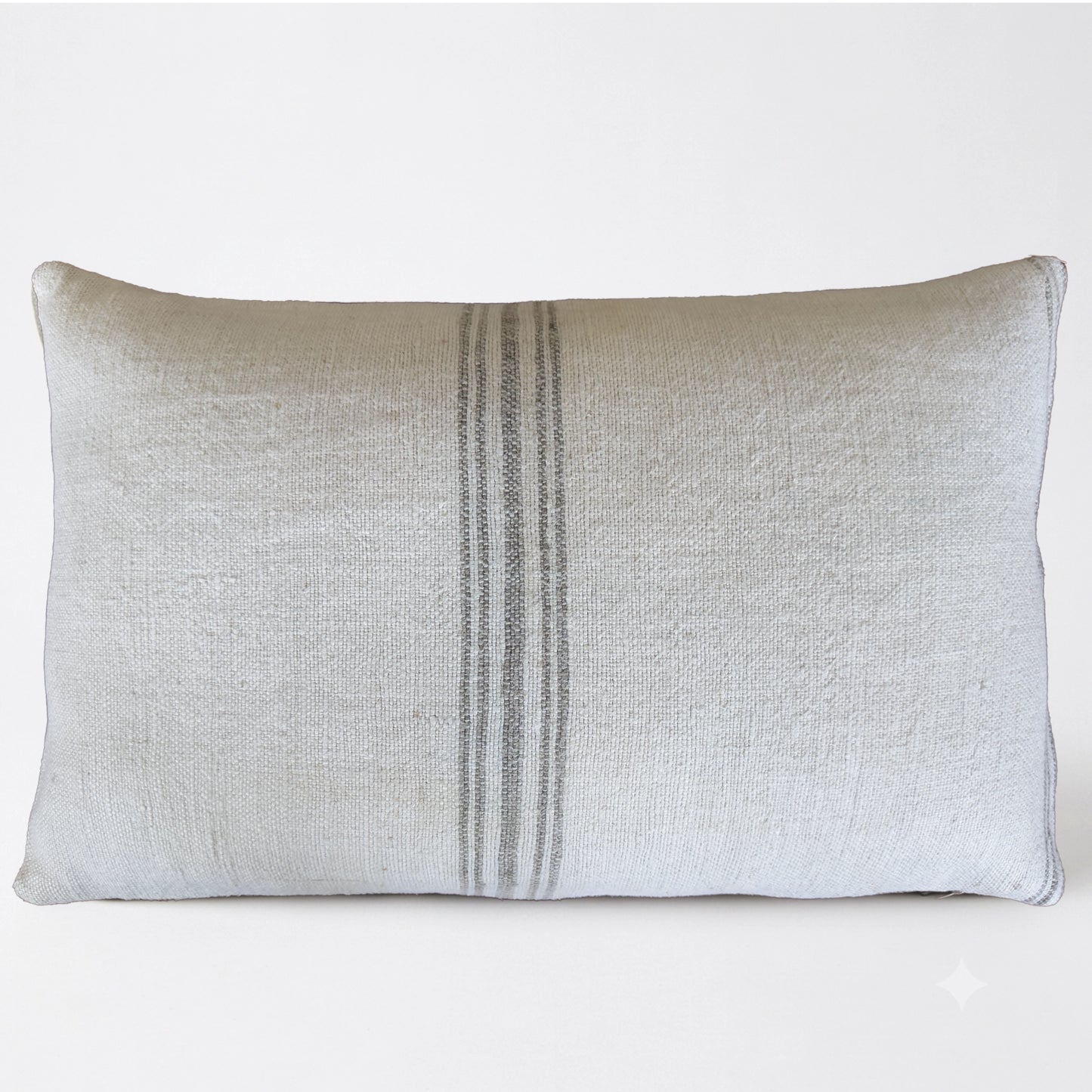 Authentic Antique Grain Sack Lumbar Pillow with gray center stripe | Handmade vintage linen farmhouse cushion cover