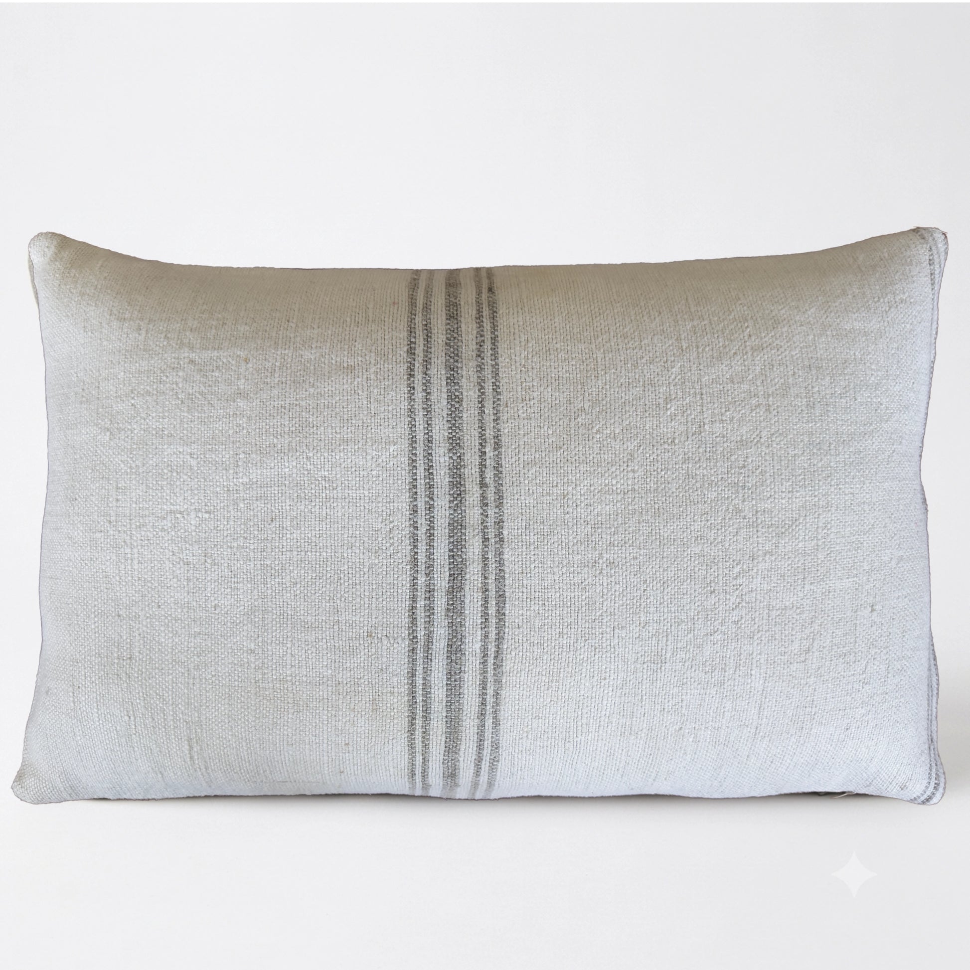 Authentic Antique Grain Sack Lumbar Pillow with gray center stripe | Handmade vintage linen farmhouse cushion cover