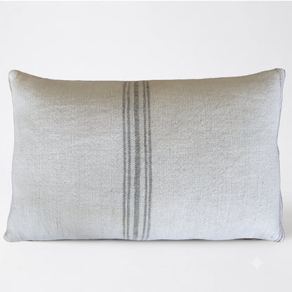 Authentic Antique Grain Sack Lumbar Pillow with gray center stripe | Handmade vintage linen farmhouse cushion cover