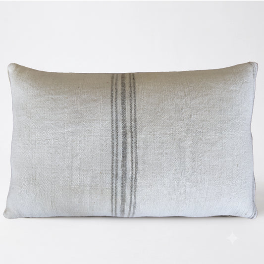 Authentic Antique Grain Sack Lumbar Pillow with gray center stripe | Handmade vintage linen farmhouse cushion cover