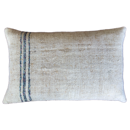Antique grain sack lumbar pillow with heritage stripe, handmade vintage linen cushion cover, 40x60 cm