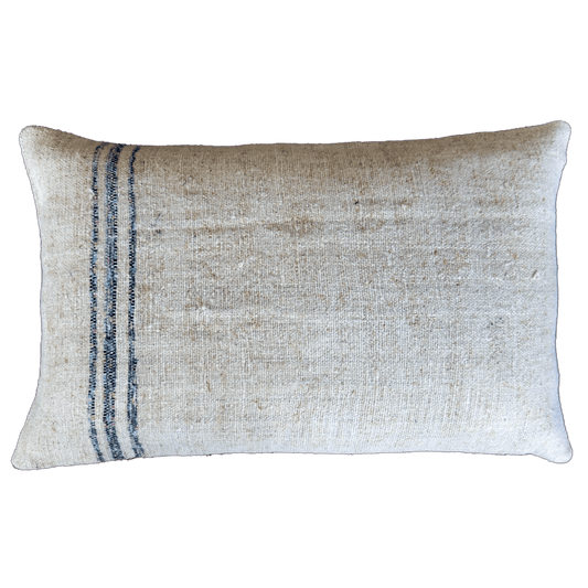 Antique grain sack lumbar pillow with heritage stripe, handmade vintage linen cushion cover, 40x60 cm