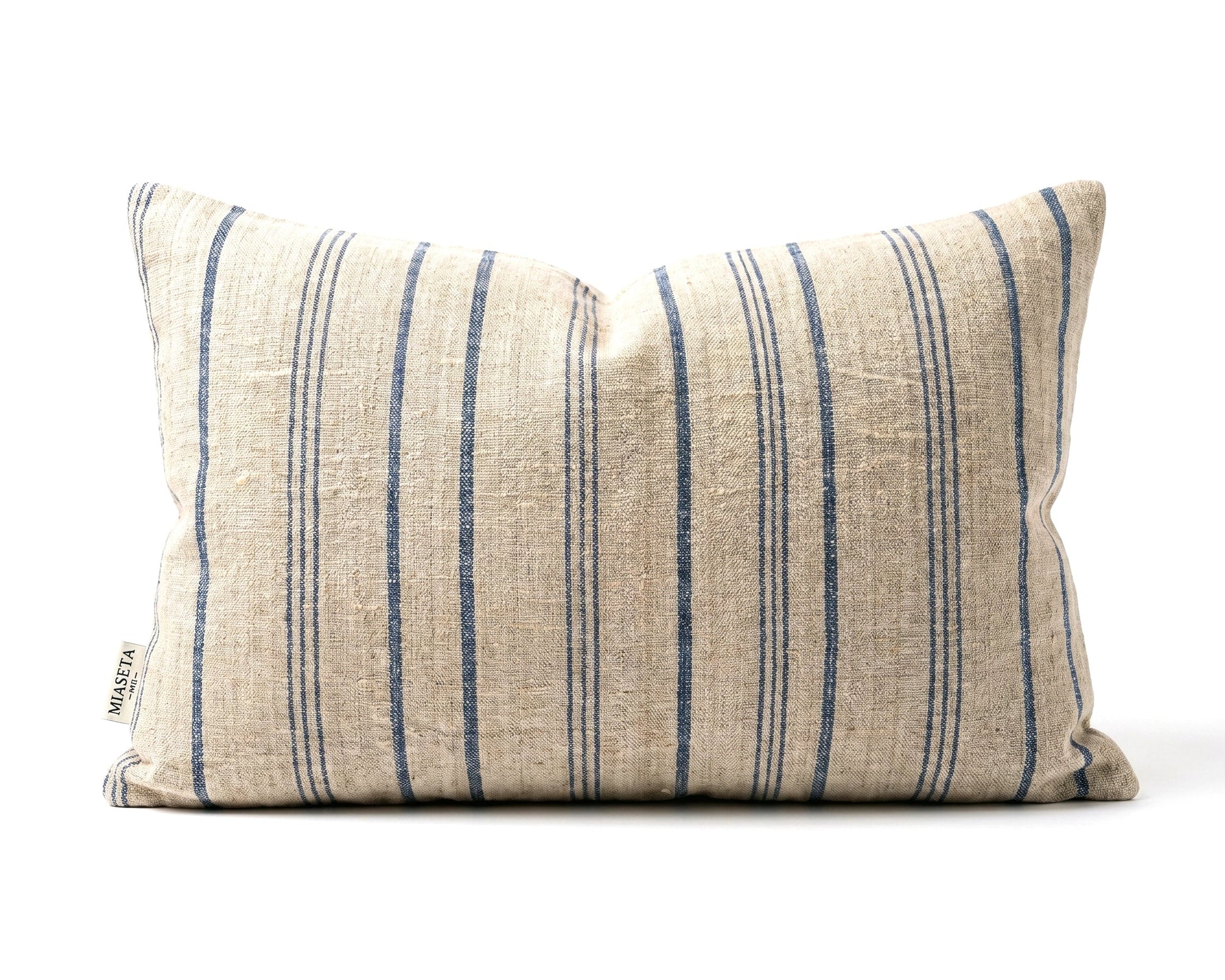 19th century antique linen pillow with rustic grain sack texture and stripe detailing