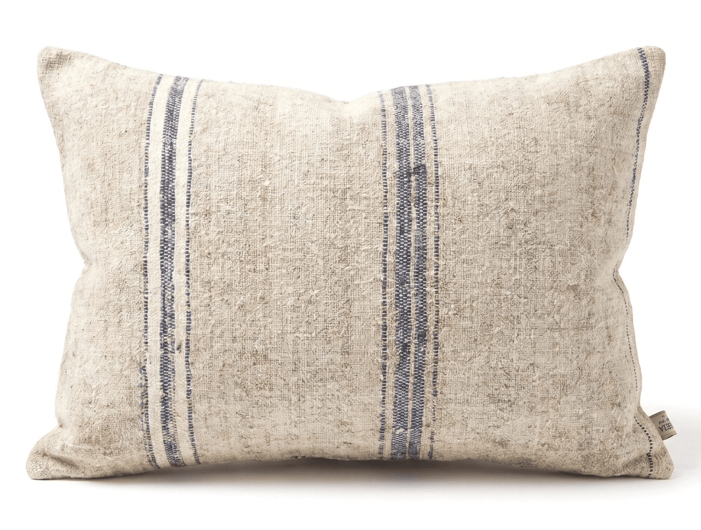 Antique_Grain_Sack_Lumbar_ pillow with blue stripes on a white background