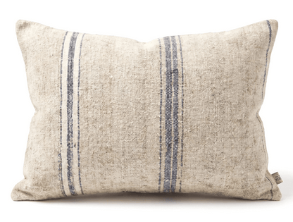Antique_Grain_Sack_Lumbar_ pillow with blue stripes on a white background