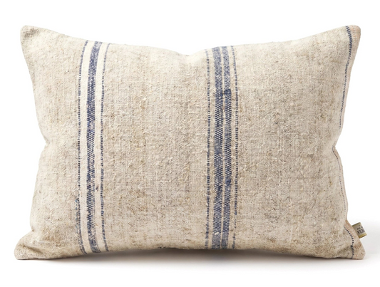 Antique_Grain_Sack_Lumbar_ pillow with blue stripes on a white background